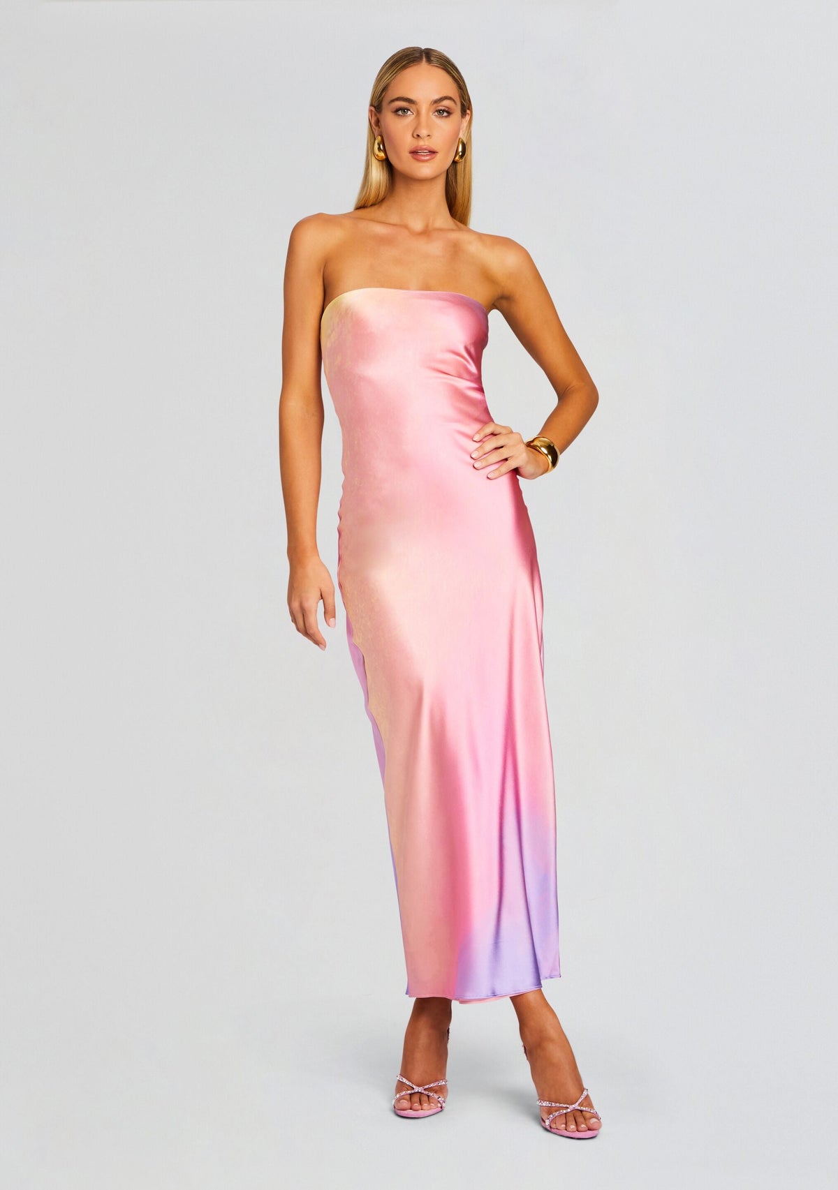 Cerith Silk Strapless Midi Dress by SEROYA in Sunset Tie Dye, product image 5