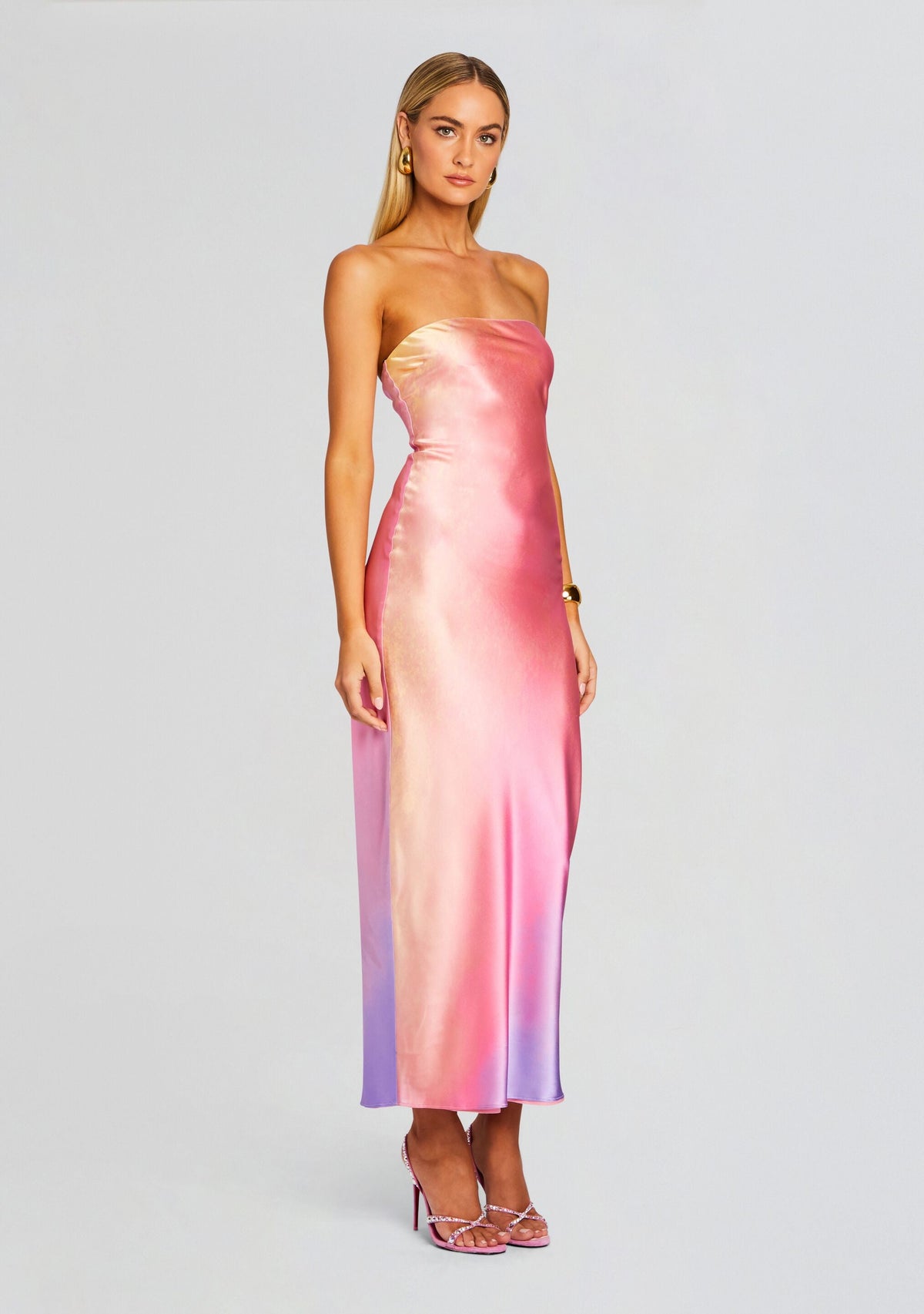 Cerith Silk Strapless Midi Dress by SEROYA in Sunset Tie Dye, product image 3