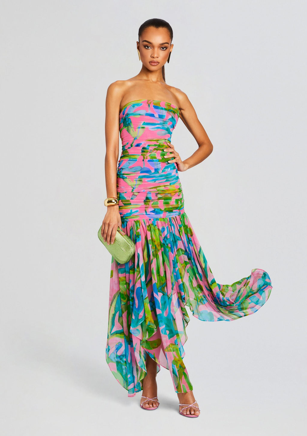 Teryn Silk Chiffon Dress by retrofête in Jade Tropical Leaf, product image 5