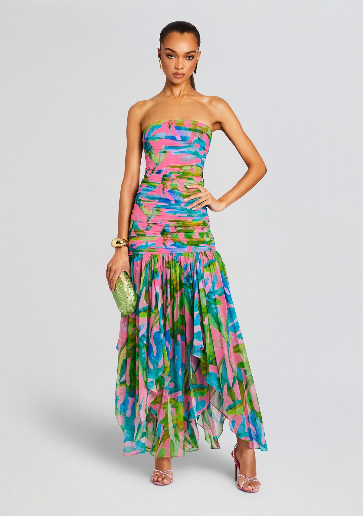 Teryn Silk Chiffon Dress by retrofête in Jade Tropical Leaf, product image 1