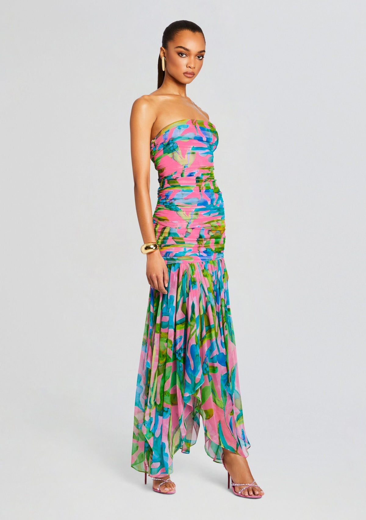 Teryn Silk Chiffon Dress by retrofête in Jade Tropical Leaf, product image 3