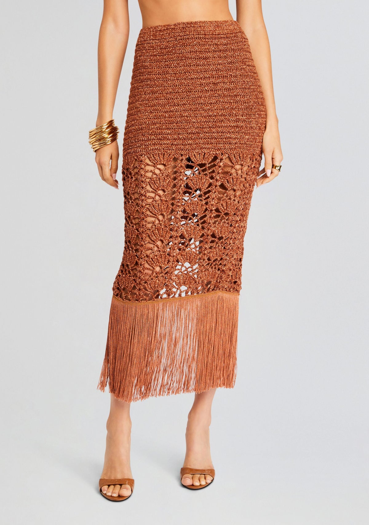 Naida Metallic Crochet Skirt by retrofête in Metallic Brown, product image 1