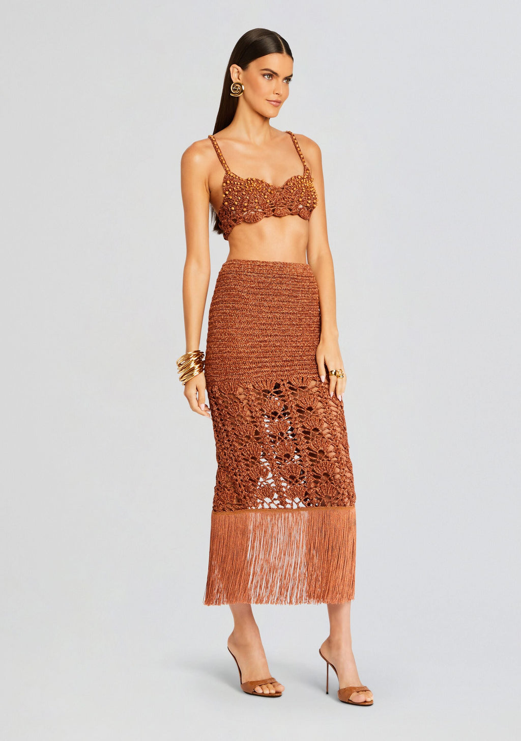 Bellini Metallic Crochet Top by retrofête in Metallic Brown, product image 3
