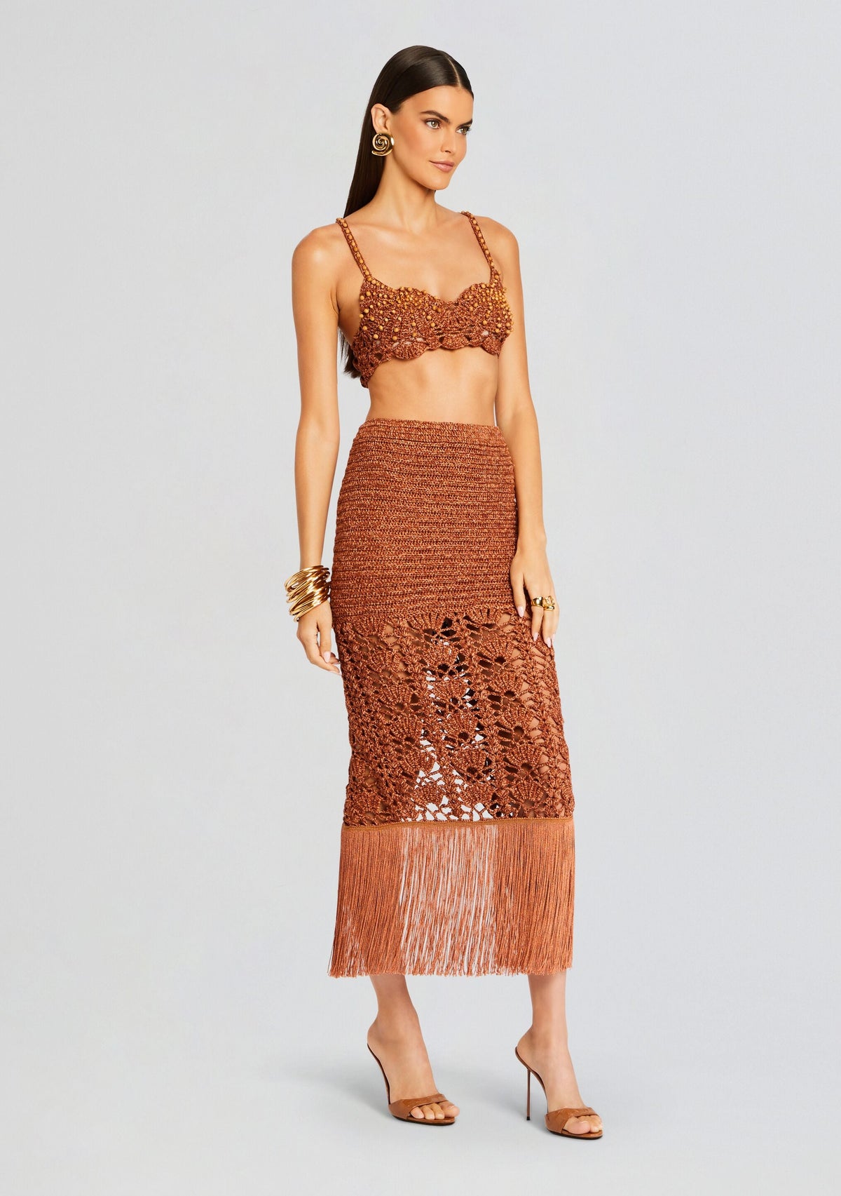 Bellini Metallic Crochet Top by retrofête in Metallic Brown, product image 3