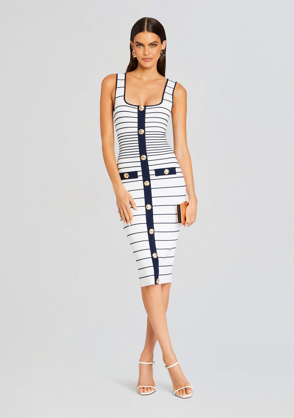 Lyle Metallic Bandage Knit Dress by retrofête in White/Metallic Navy, product image 1