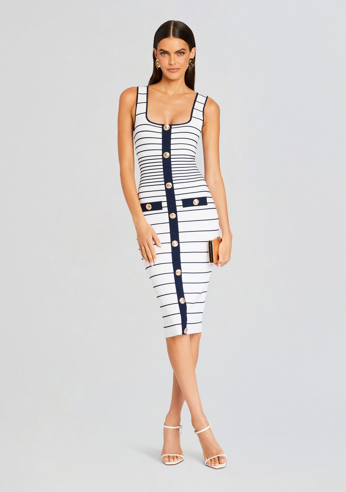 Lyle Metallic Bandage Knit Dress by retrofête in White/Metallic Navy, product image 1