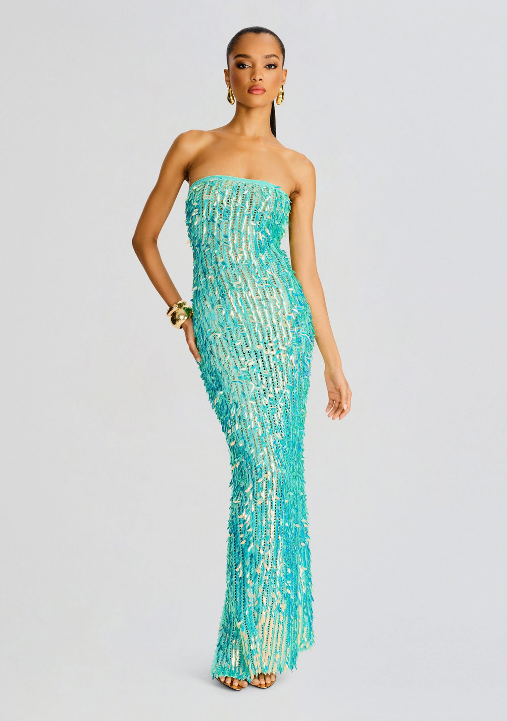 Nulla Feather Sequin Crochet Dress by retrofête in Miami Mint, product image 1