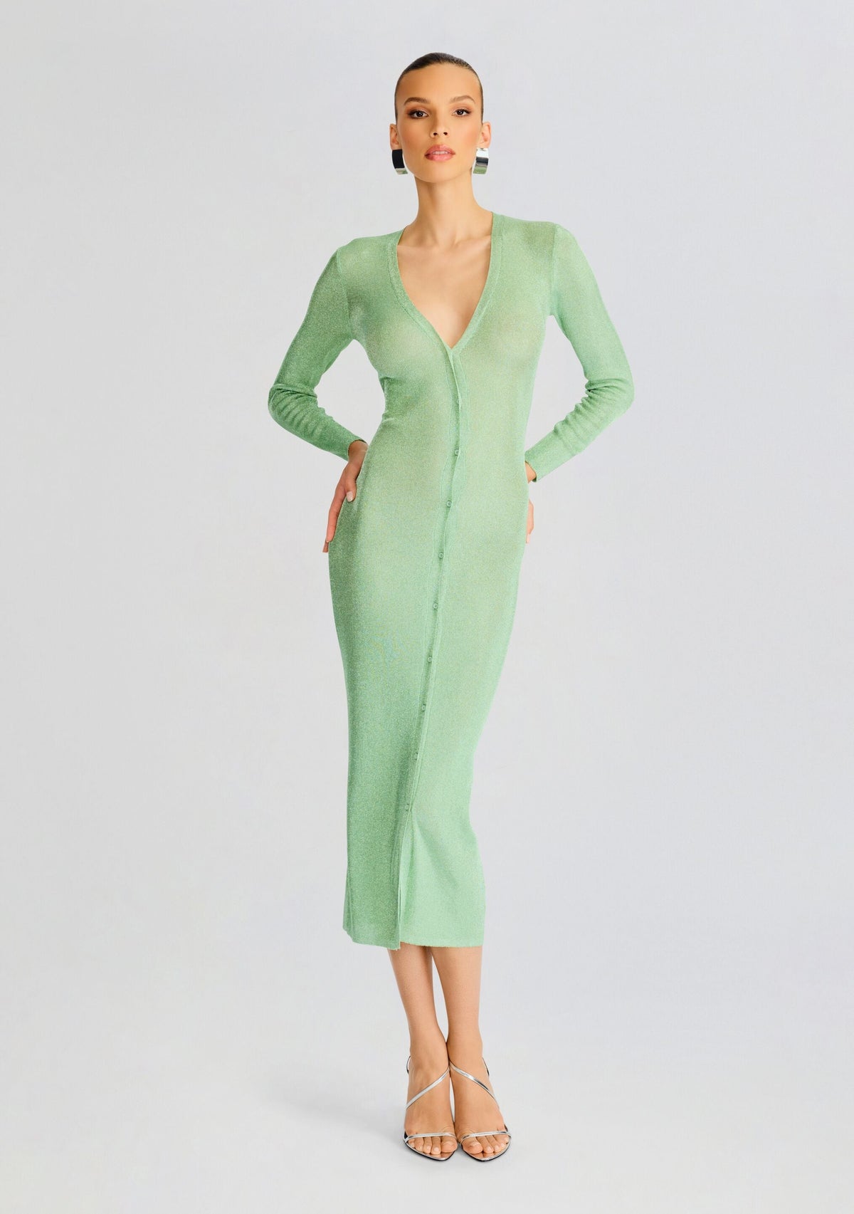 Phyllis Metallic Knit Cardigan by SEROYA in Sage, product image 1