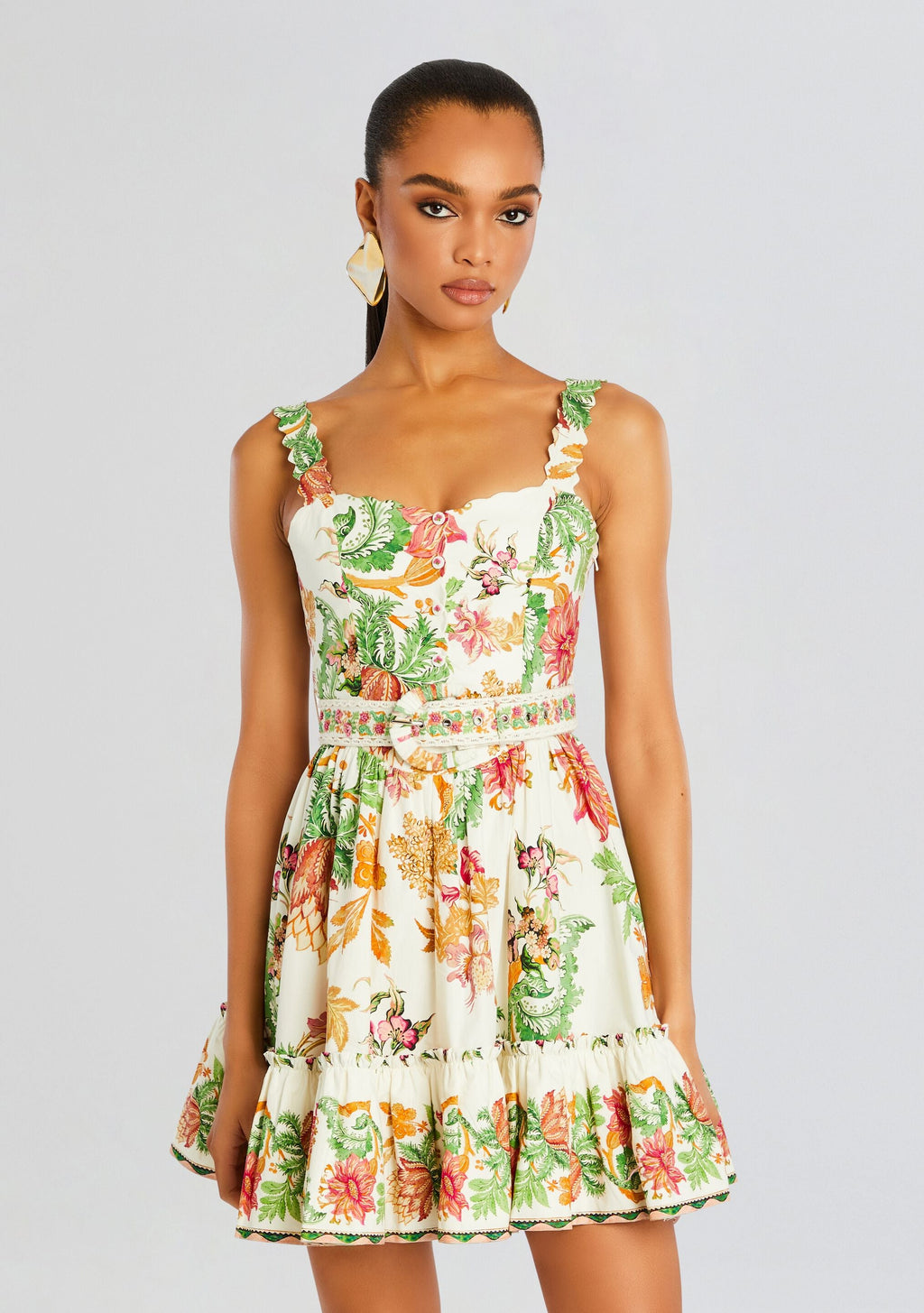 Pahi Short Dress With Belt by Hemant & Nandita in Off White Floral, product image 5