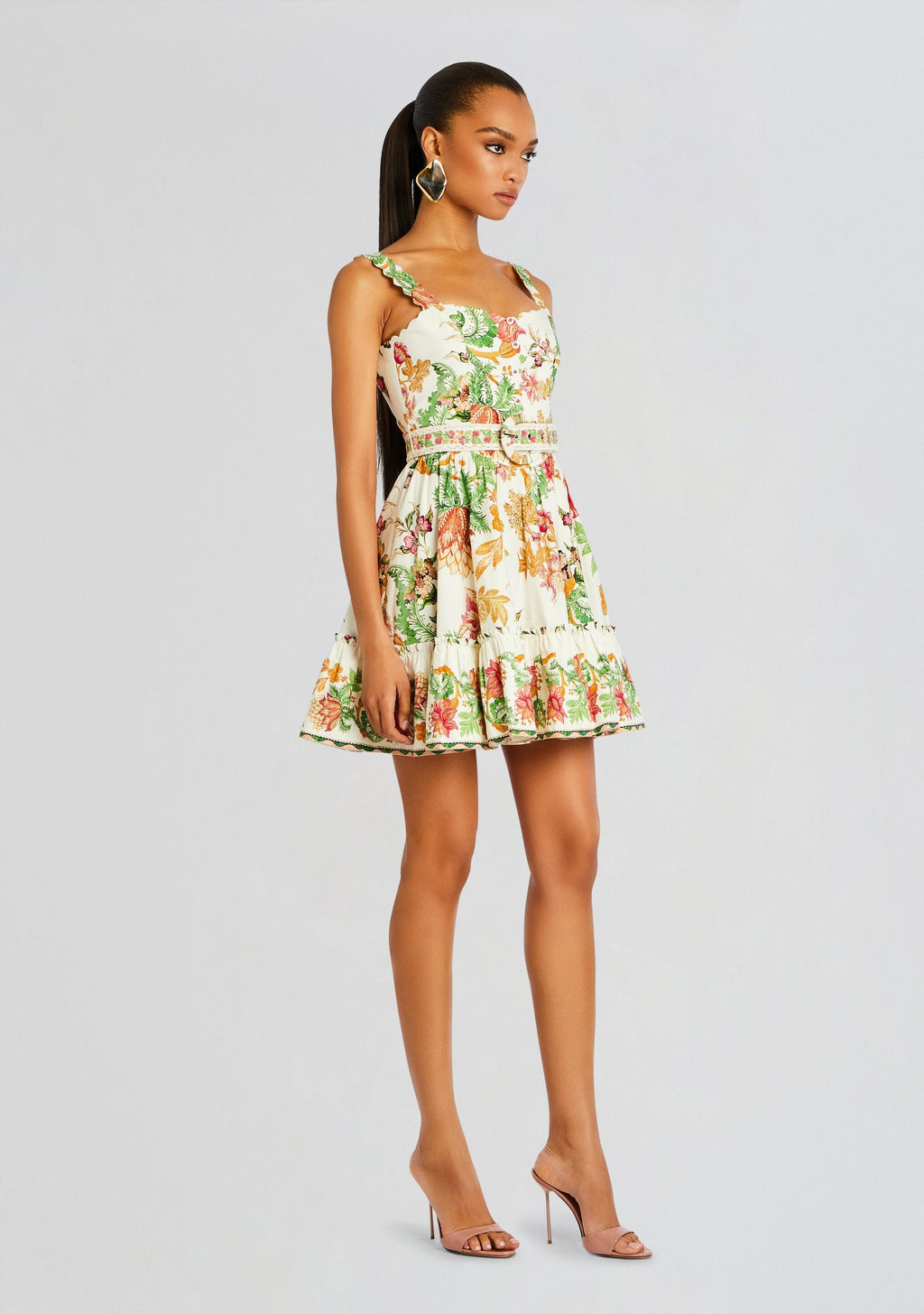 Pahi Short Dress With Belt by Hemant & Nandita in Off White Floral, product image 3