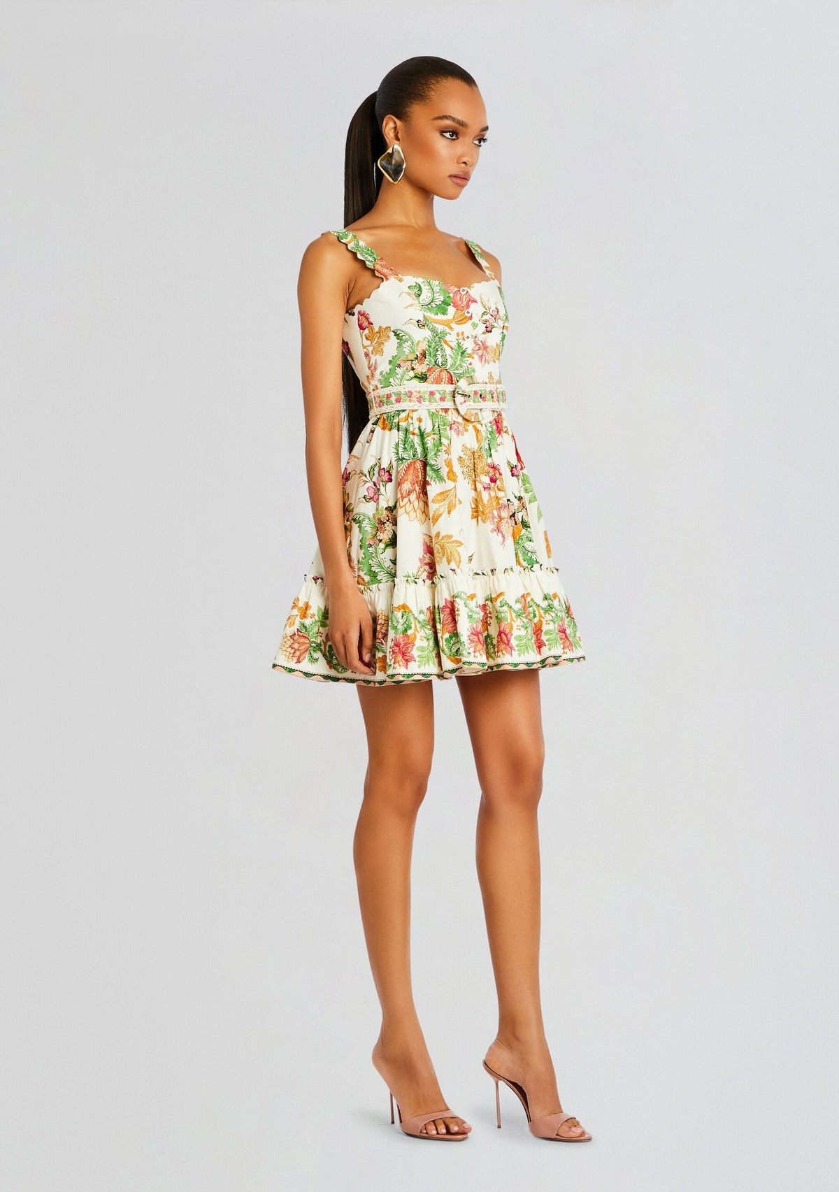 Pahi Short Dress With Belt by Hemant & Nandita in Off White Floral, product image 3