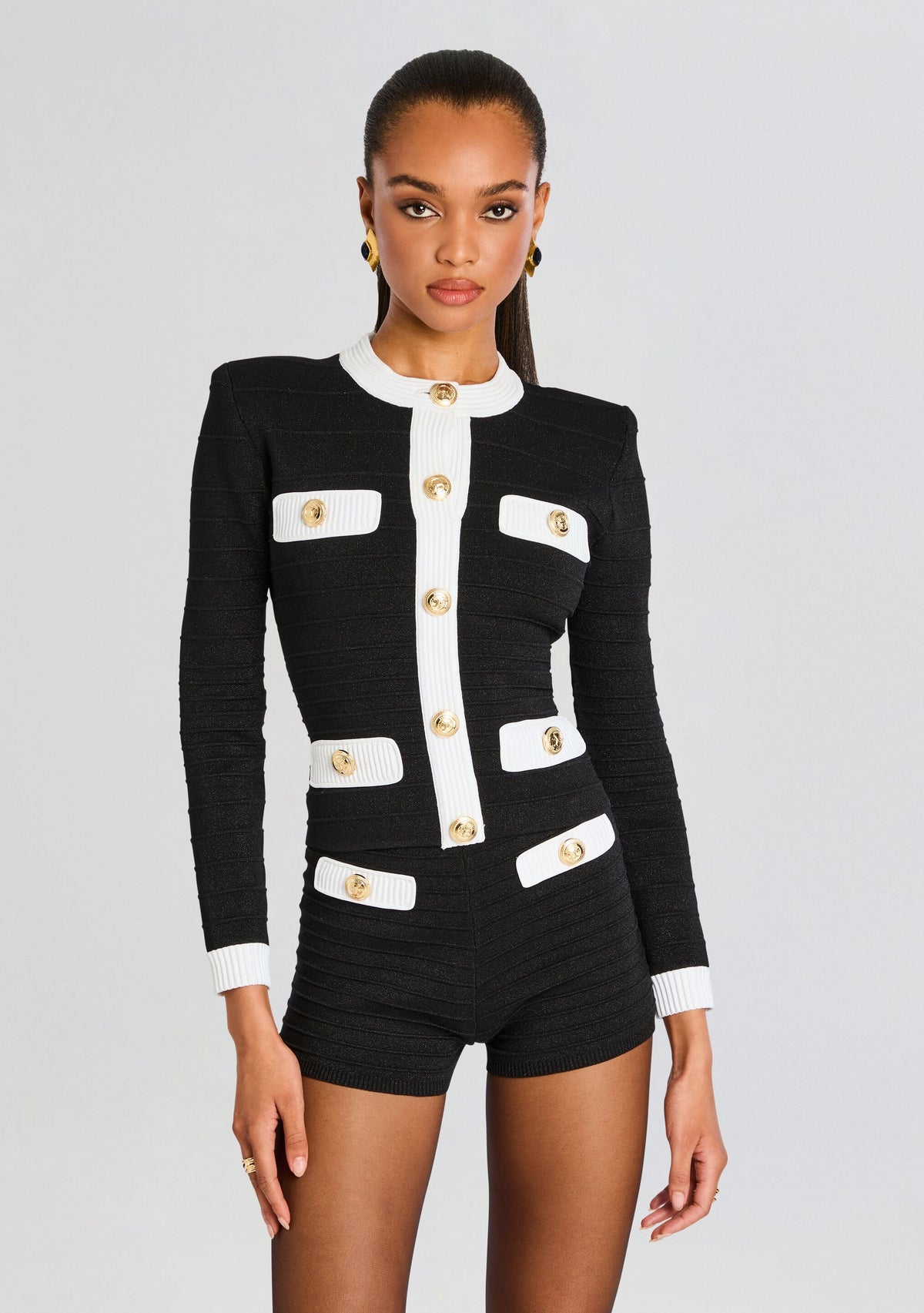 Calla Bandage Knit Top by retrofête in Black/Cream, product image 1