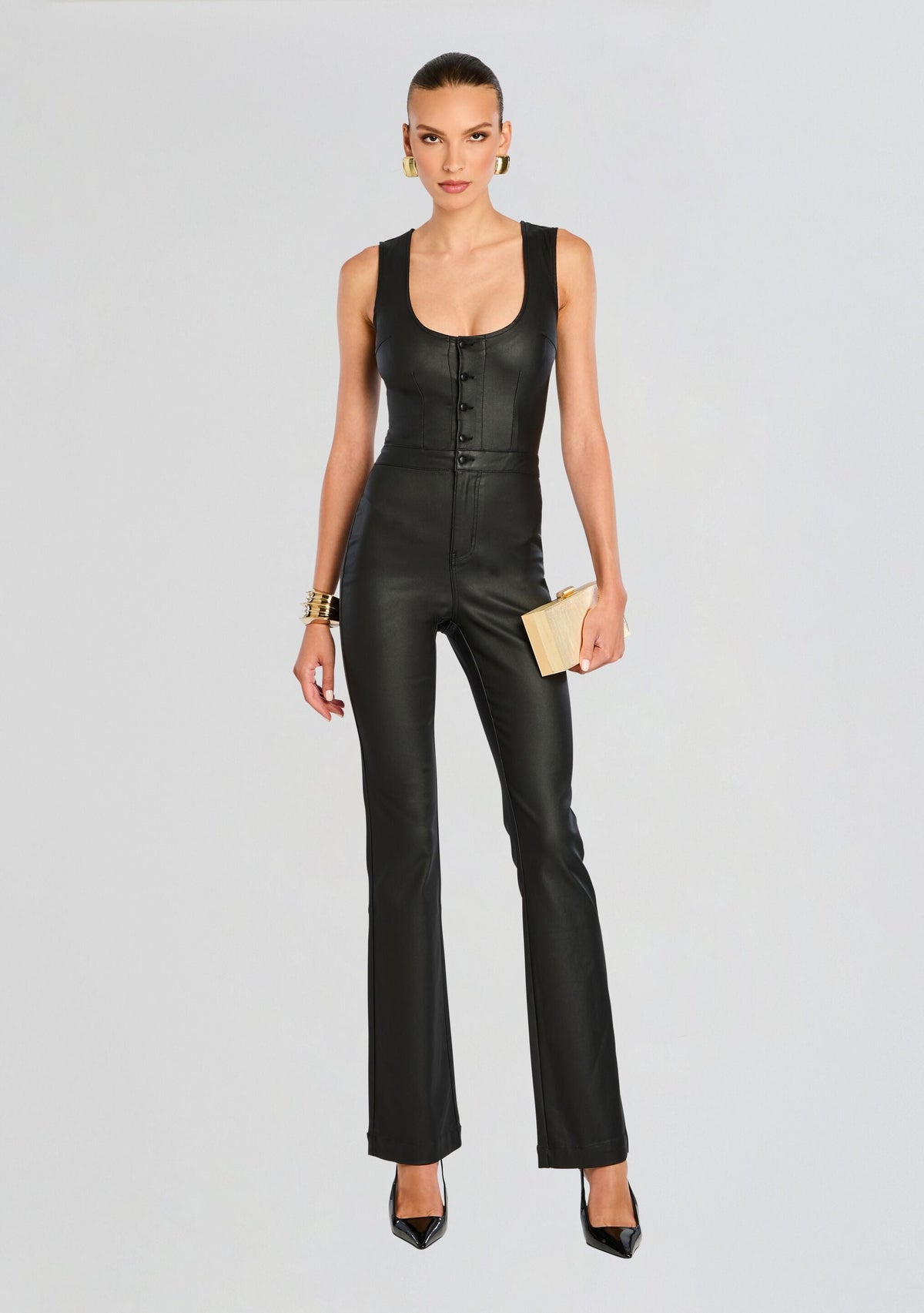 Mckinnon Coated Denim Jumpsuit by retrofête in Coated Black, product image 1