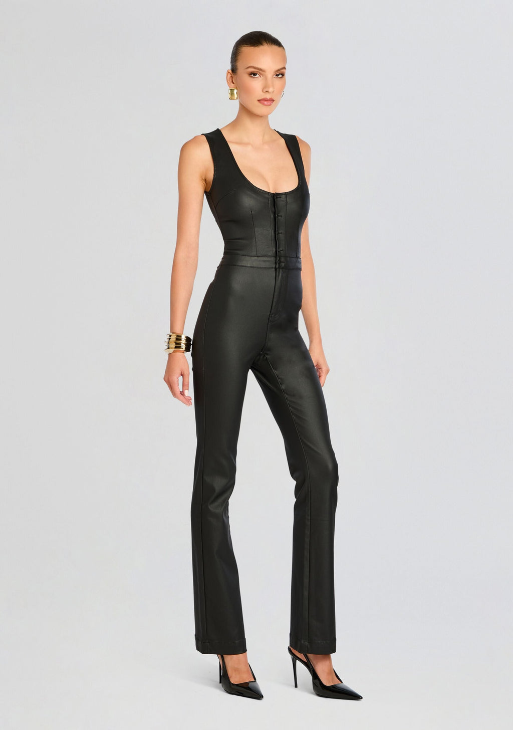 Mckinnon Coated Denim Jumpsuit by retrofête in Coated Black, product image 4