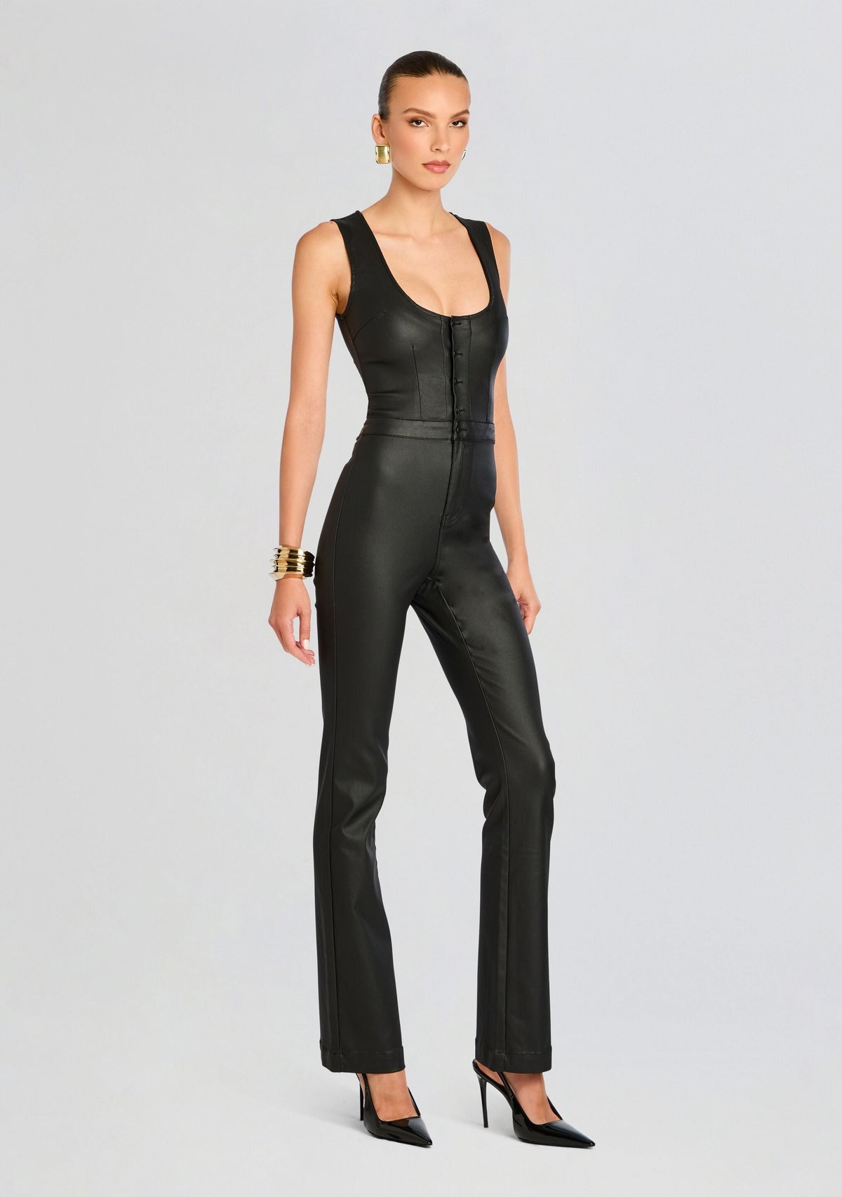 Mckinnon Coated Denim Jumpsuit by retrofête in Coated Black, product image 4