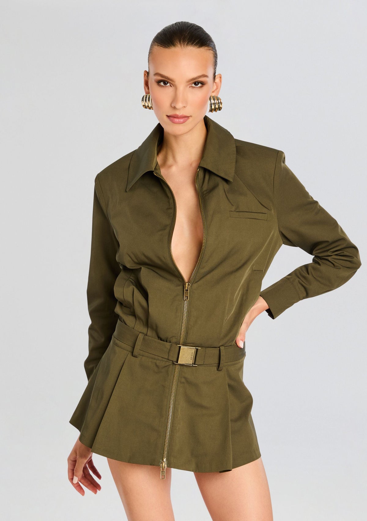 Sanders Twill Bomber Jacket Dress by SEROYA in Hunter Green, product image 6