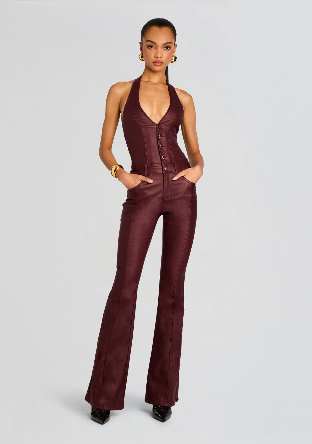 Cynthia Coated Denim Jumpsuit by retrofête in Coated Port, product image 7