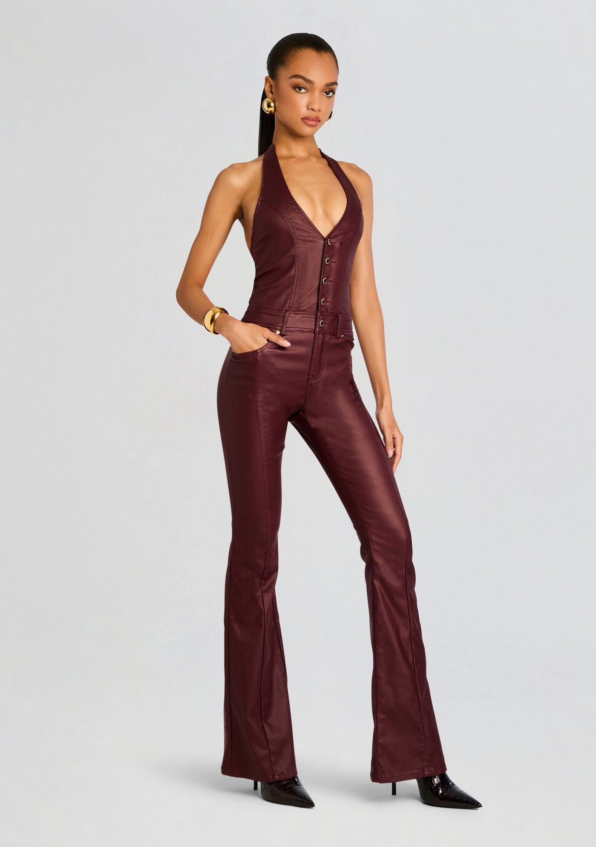 Cynthia Coated Denim Jumpsuit by retrofête in Coated Port, product image 3