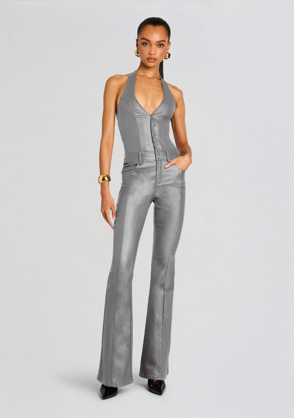 Cynthia Coated Denim Jumpsuit by retrofête in Coated Grey, product image 1