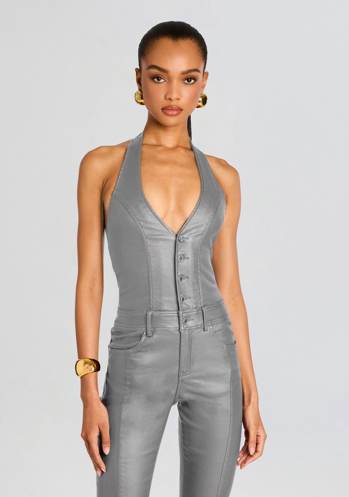Cynthia Coated Denim Jumpsuit by retrofête in Coated Grey, product image 4