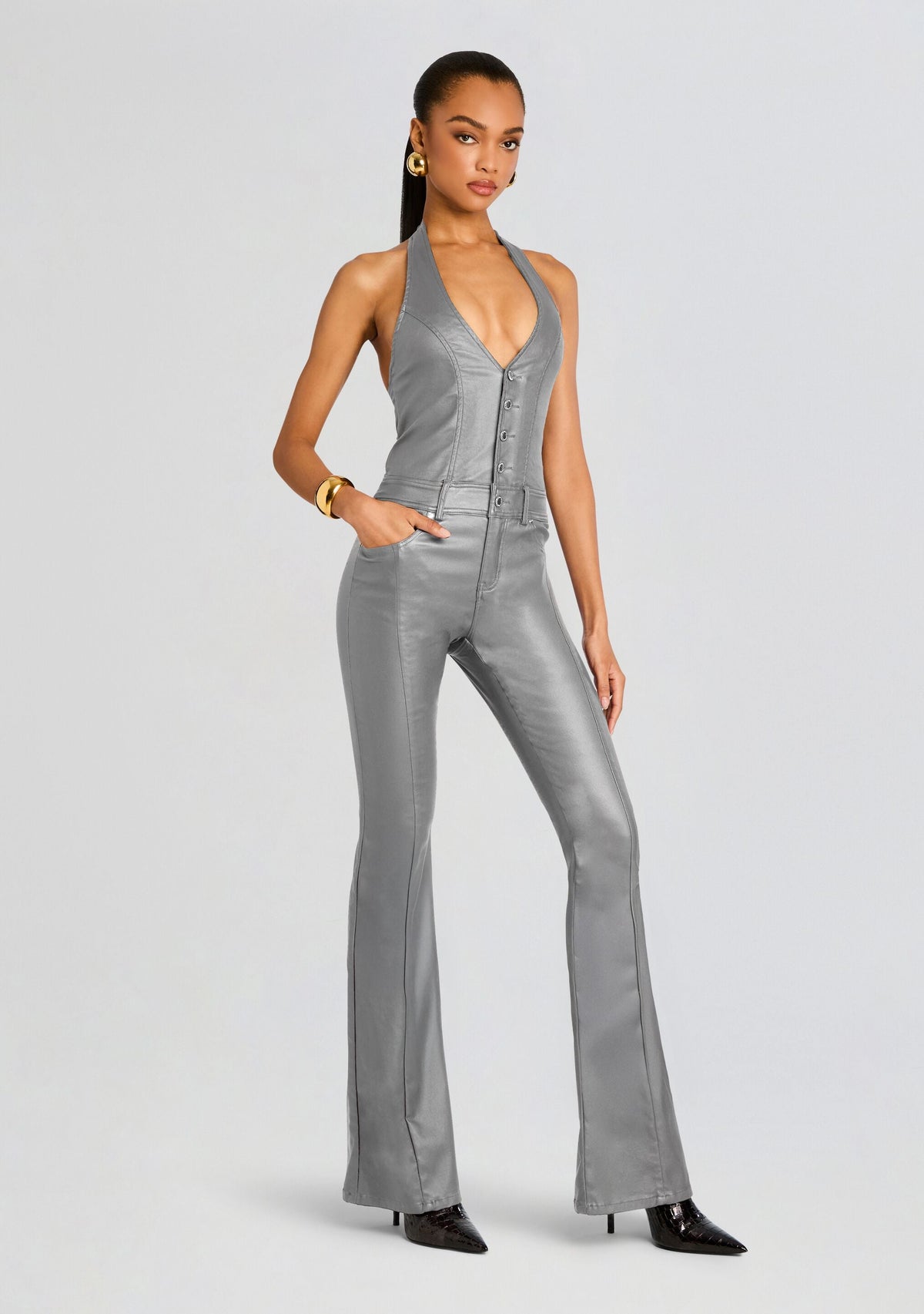 Cynthia Coated Denim Jumpsuit by retrofête in Coated Grey, product image 3