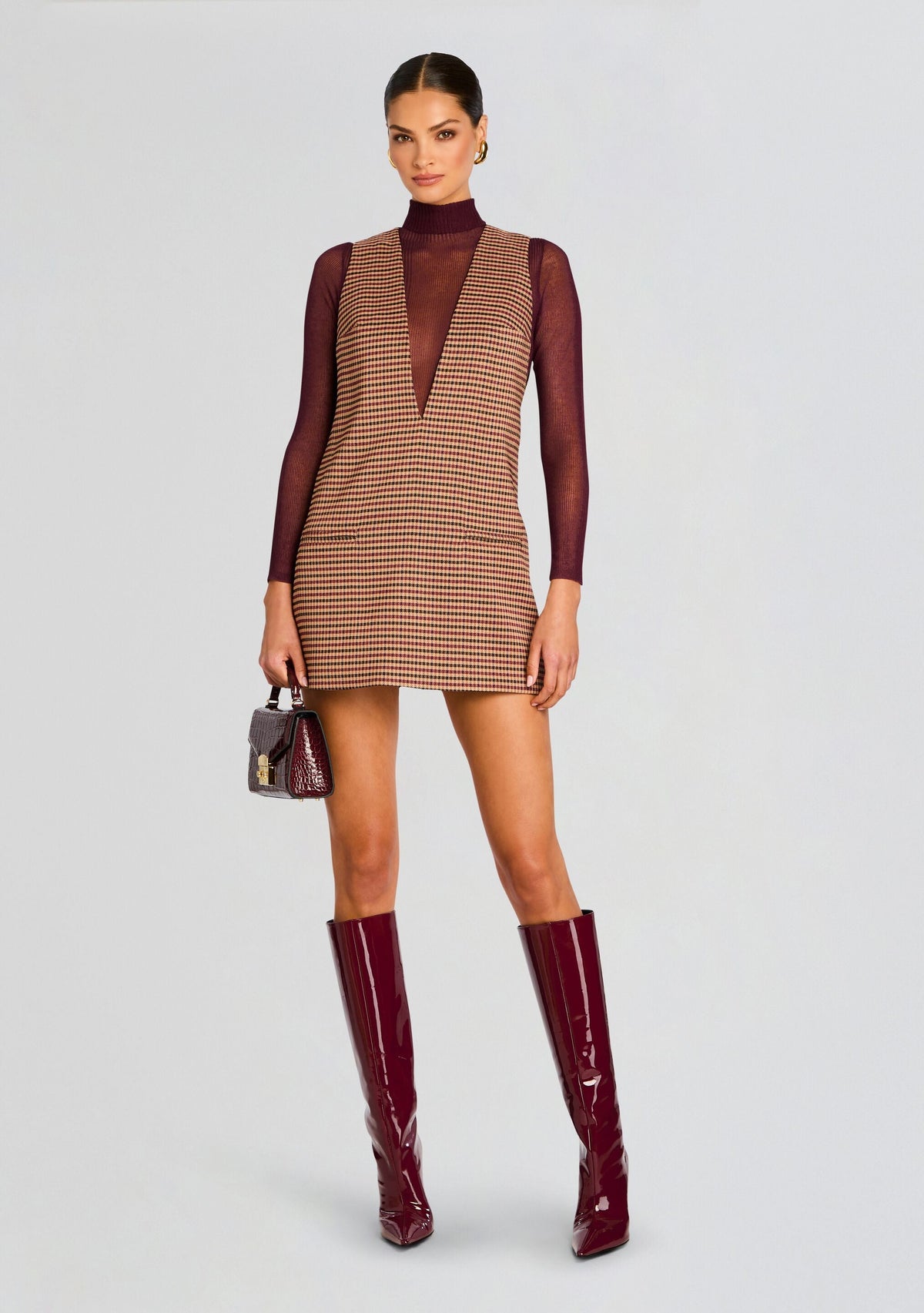 Maxine Mini A-Line Dress by SEROYA in Camel Houndstooth, product image 1