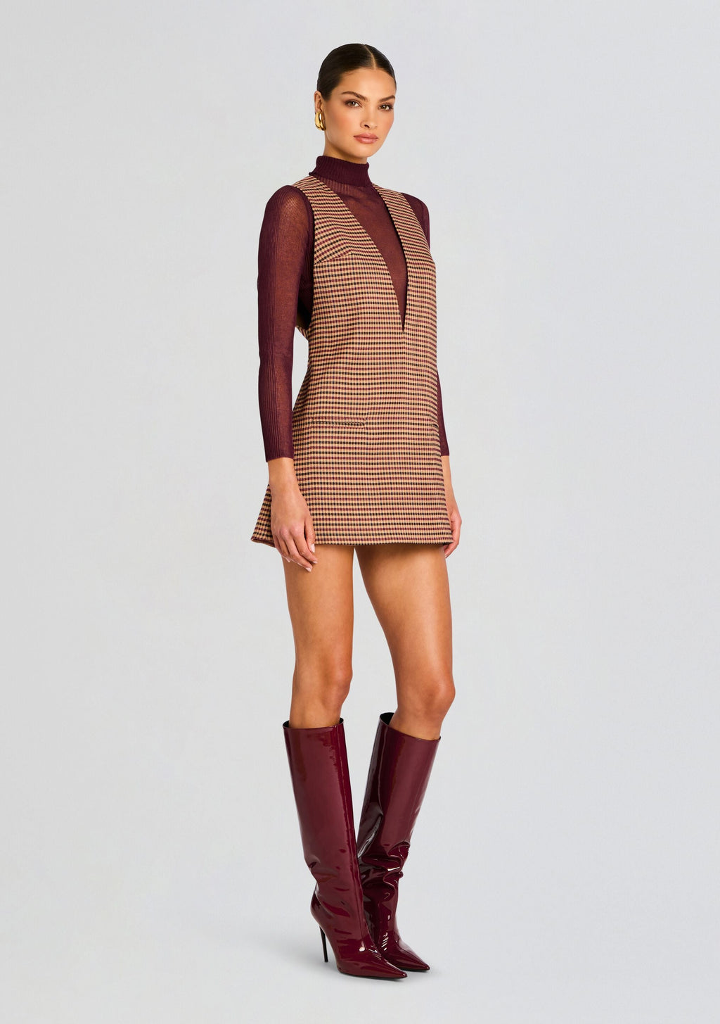 Maxine Mini A-Line Dress by SEROYA in Camel Houndstooth, product image 3