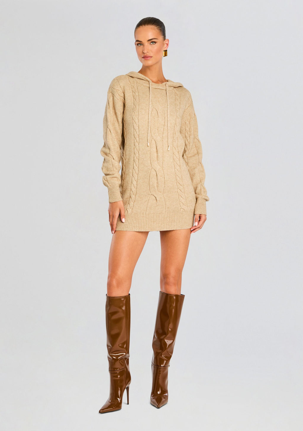 Cab Cable Knit Hoodie Dress by SEROYA in Tan, product image 1