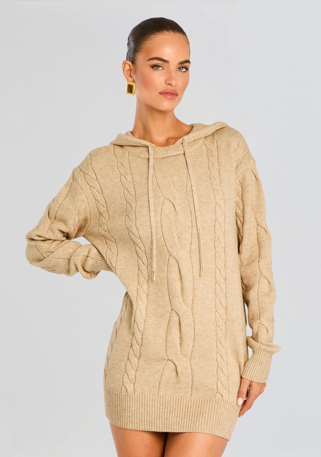 Cab Cable Knit Hoodie Dress by SEROYA in Tan, product image 2