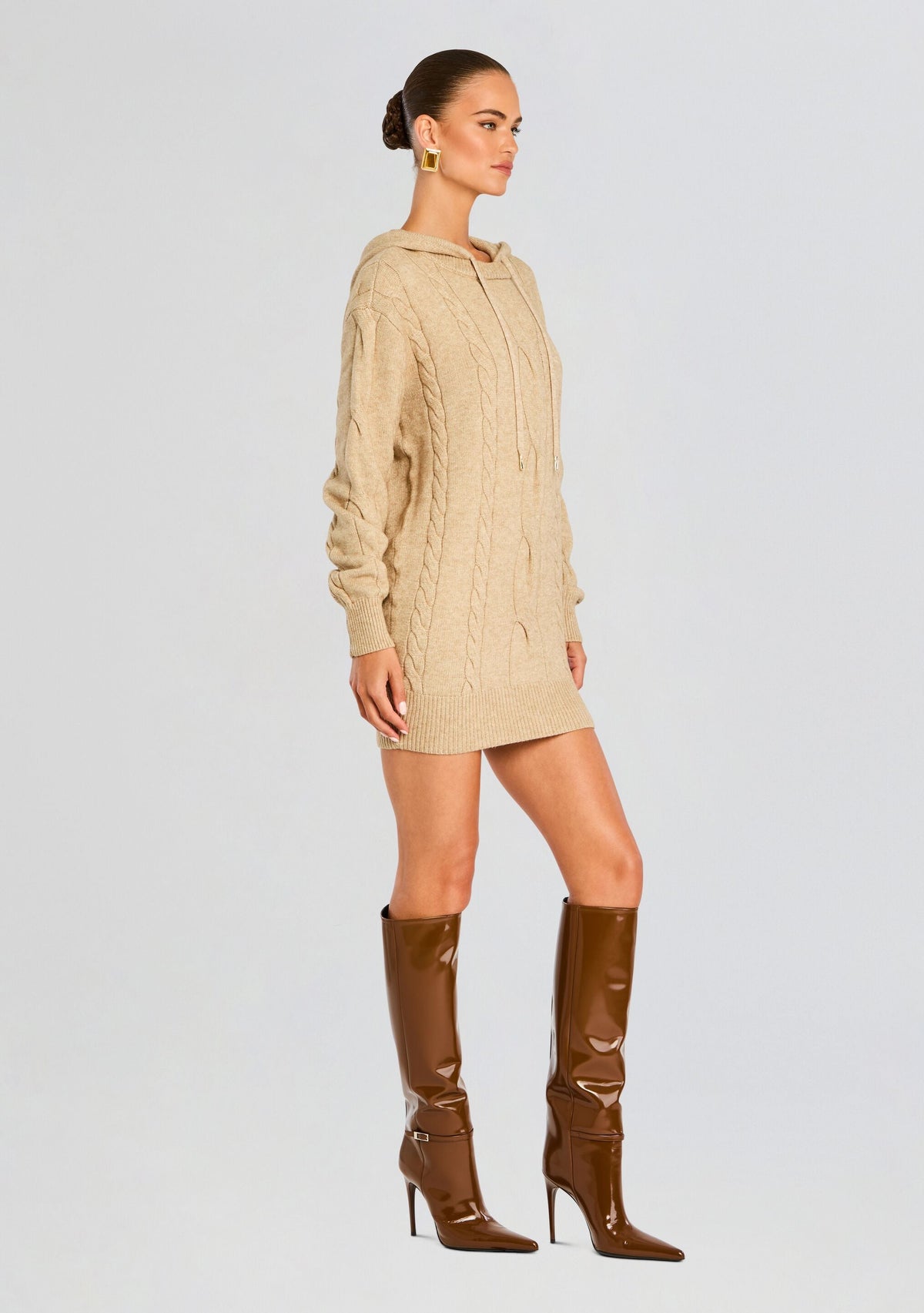 Cab Cable Knit Hoodie Dress by SEROYA in Tan, product image 3