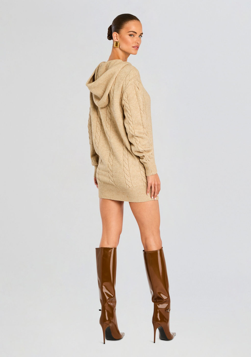 Cab Cable Knit Hoodie Dress by SEROYA in Tan, product image 4