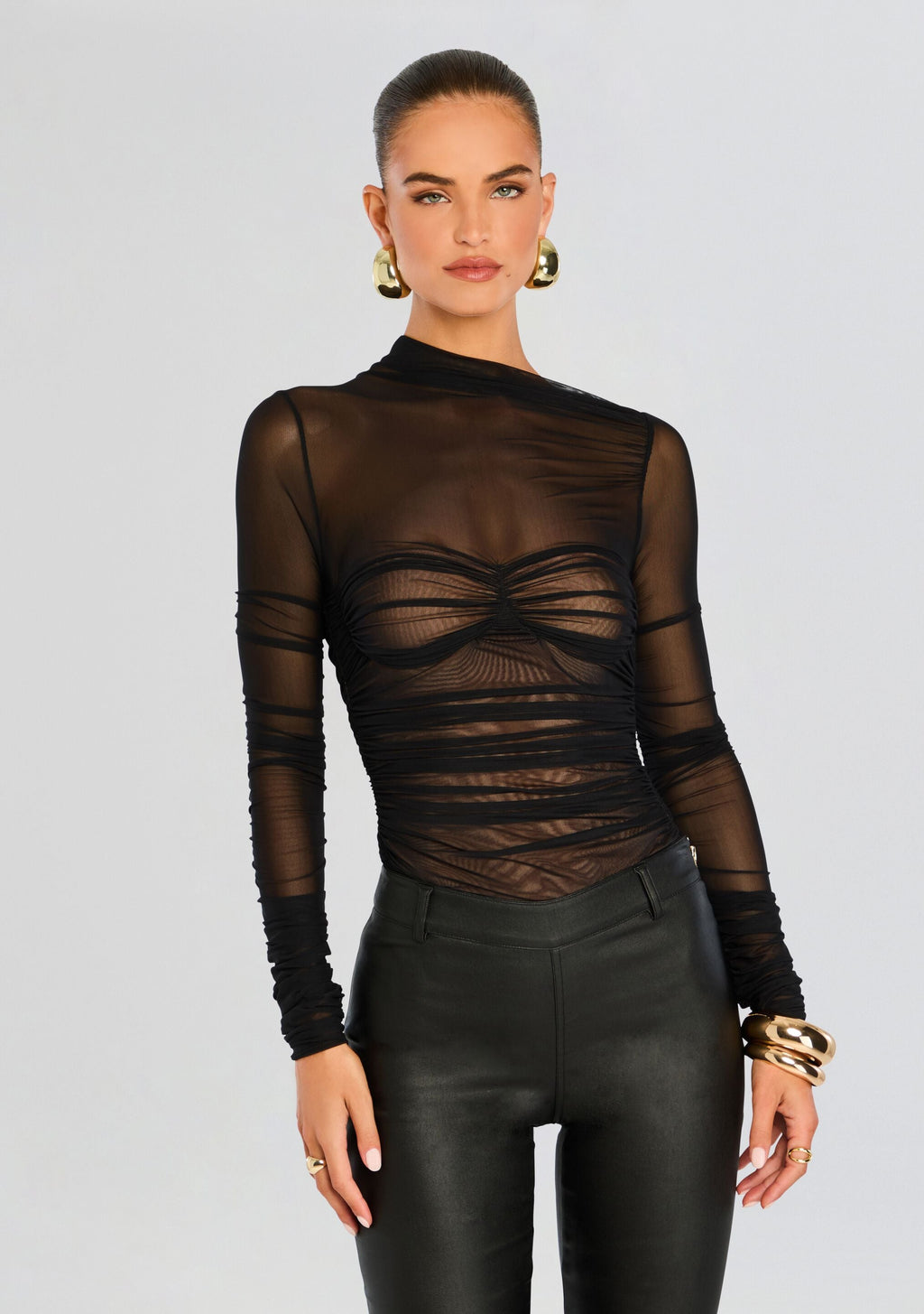 Mila Ruched Bodysuit with Asymetric Neck by SEROYA in Black, product image 1