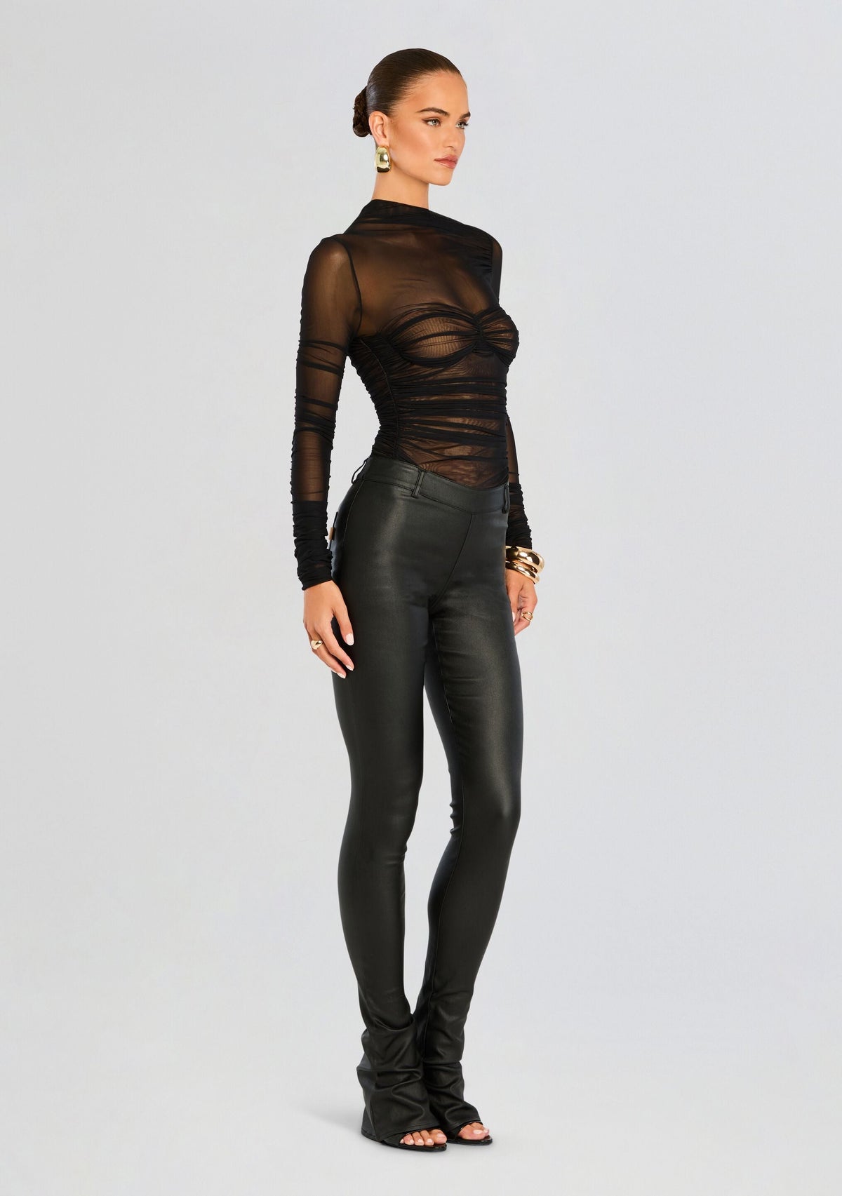 Mila Ruched Bodysuit with Asymetric Neck by SEROYA in Black, product image 3