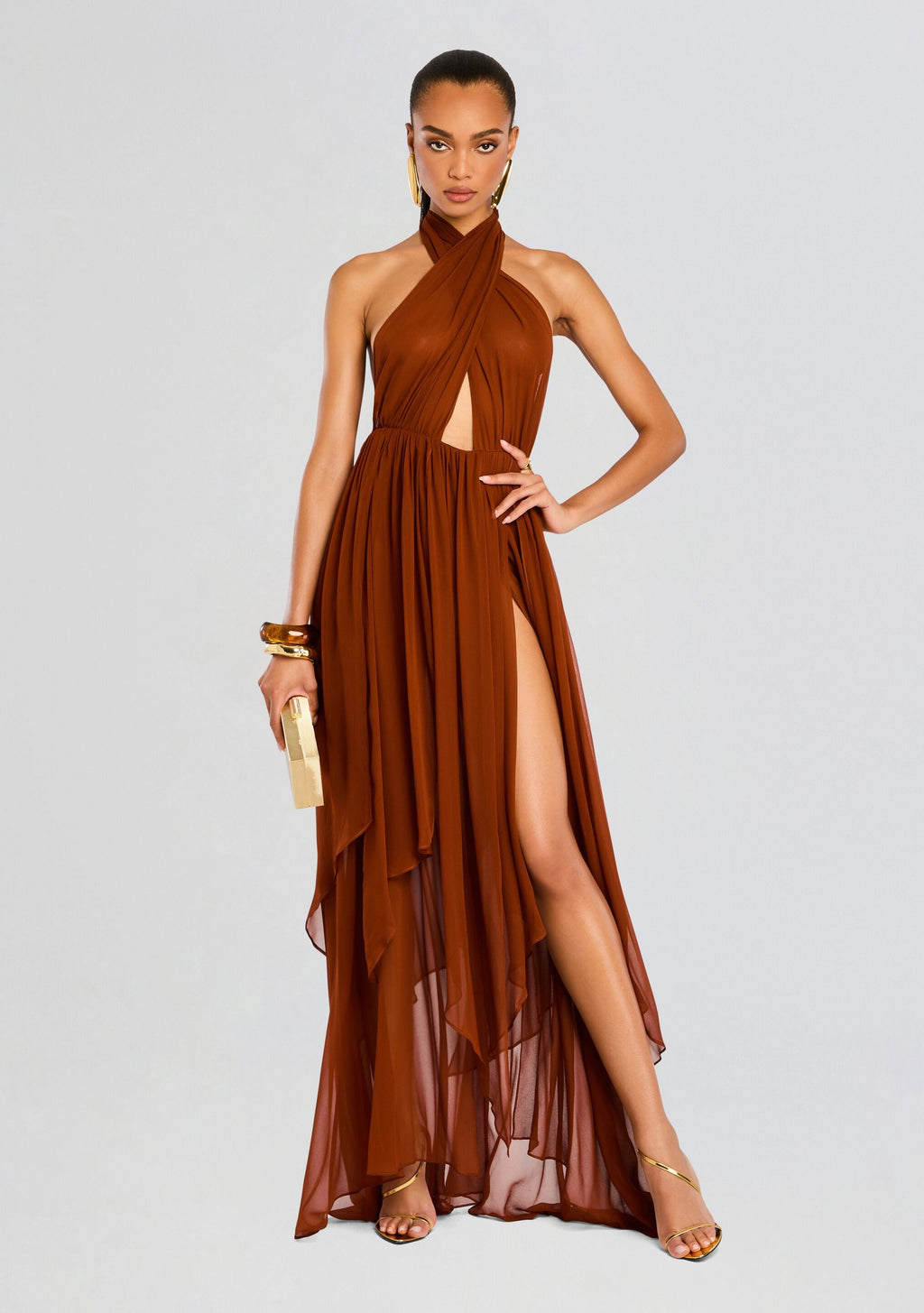 Ina Silk Chiffon Dress by retrofête in Caramel, product image 1
