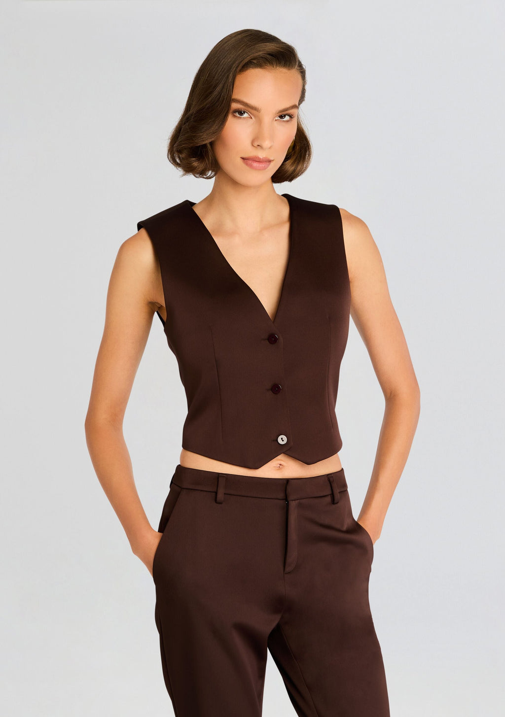 Edwina Heavy Satin Vest by SEROYA in Ash Brown, product image 1
