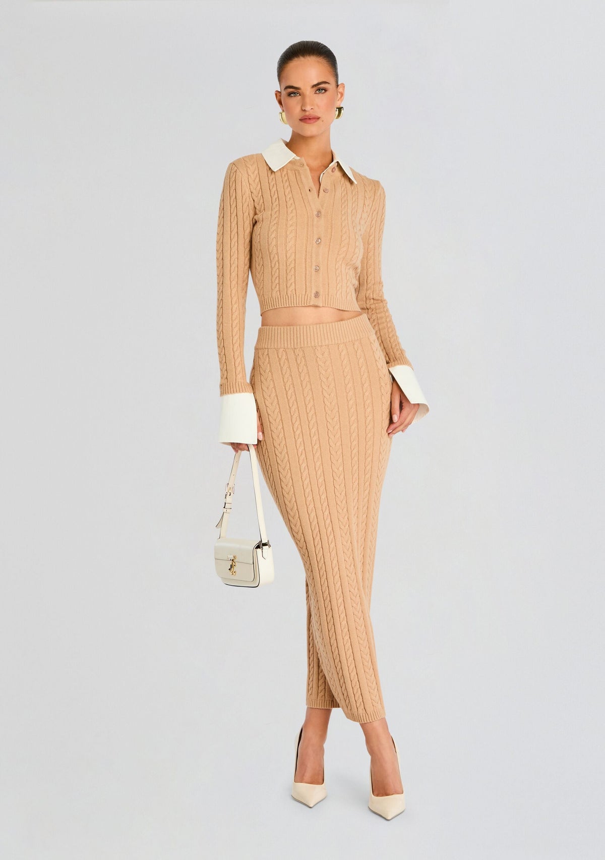 Eloise Cable Knit Cardigan by SEROYA in Tan, product image 5