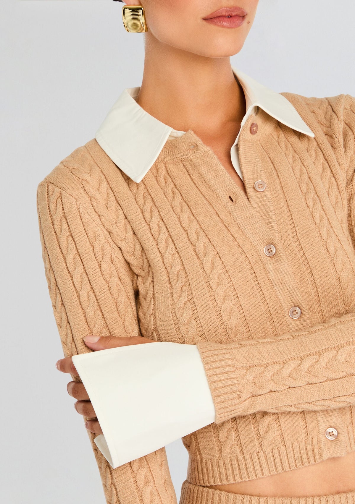Eloise Cable Knit Cardigan by SEROYA in Tan, product image 2