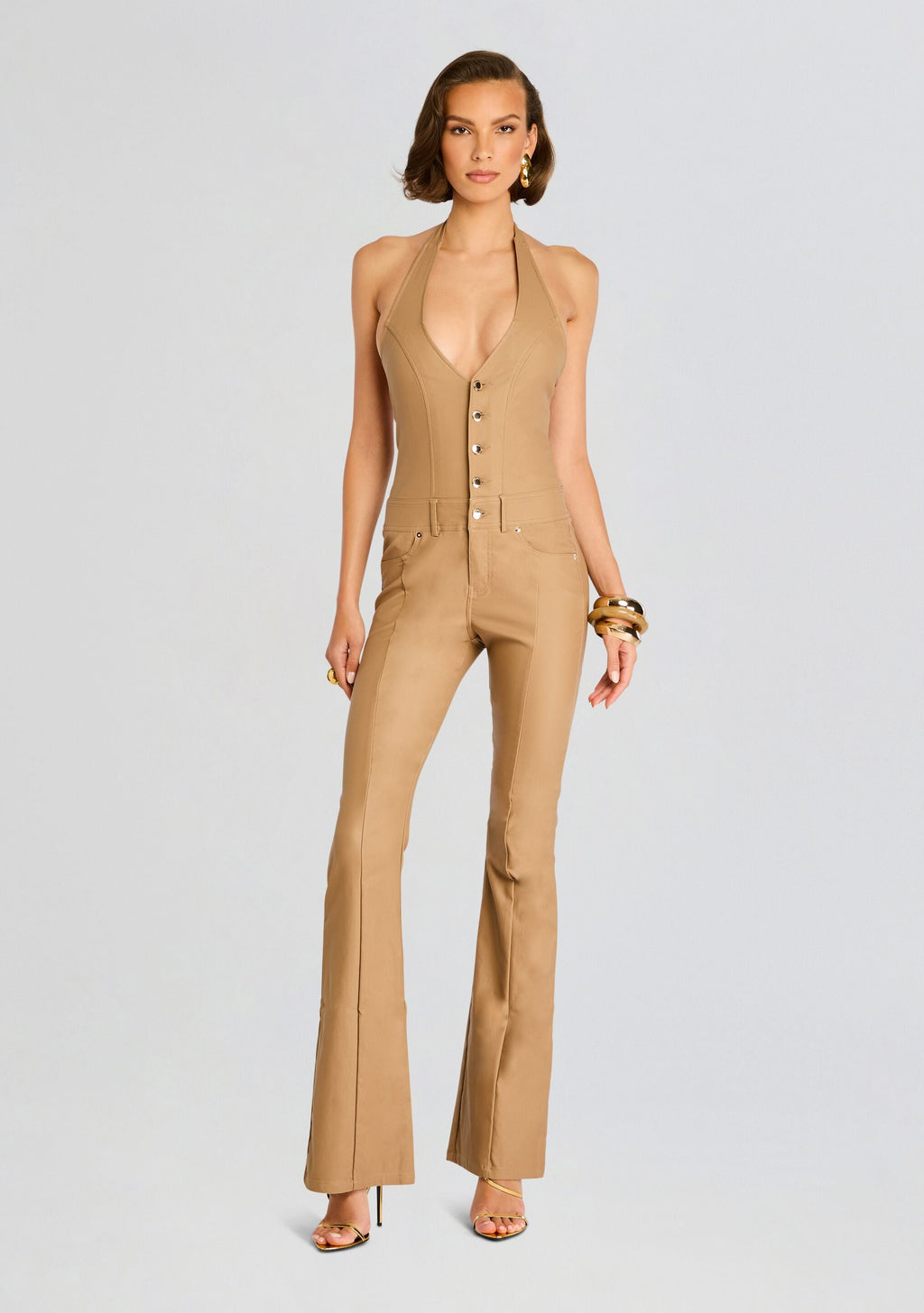Cynthia Coated Denim Jumpsuit by retrofête in Coated Tannin, product image 1