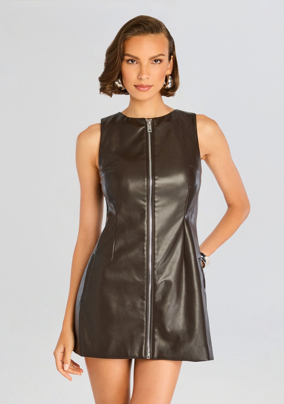 Aria Vegan Leather Mini Dress by SEROYA in Ash Brown, product image 2