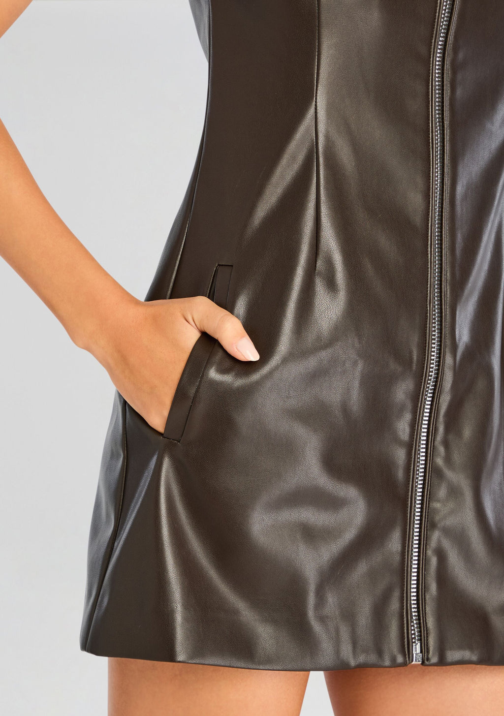 Aria Vegan Leather Mini Dress by SEROYA in Ash Brown, product image 3