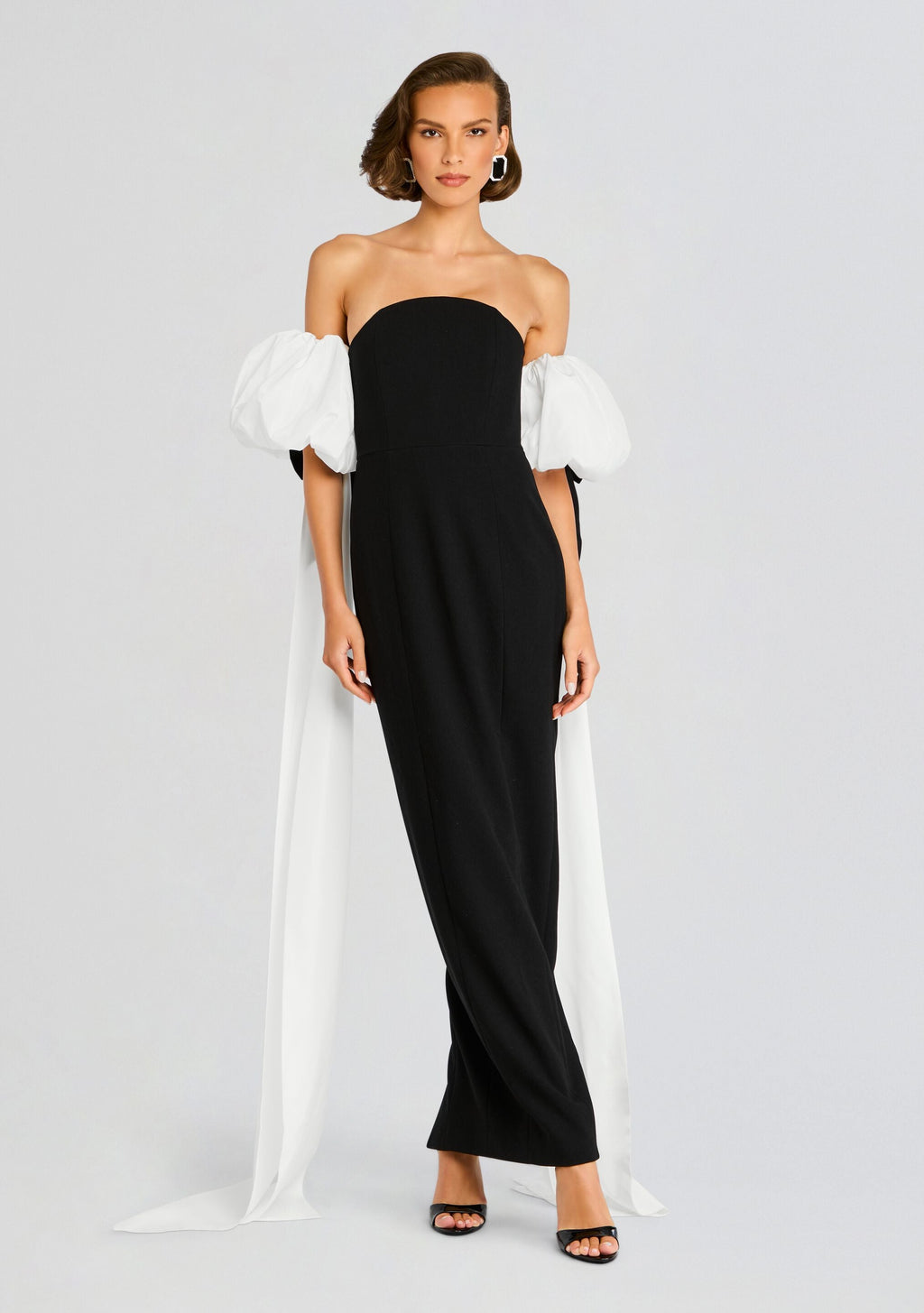 Half Moon Evening Dress with White Bowed Plumes by Sans Faff in Black, product image 1