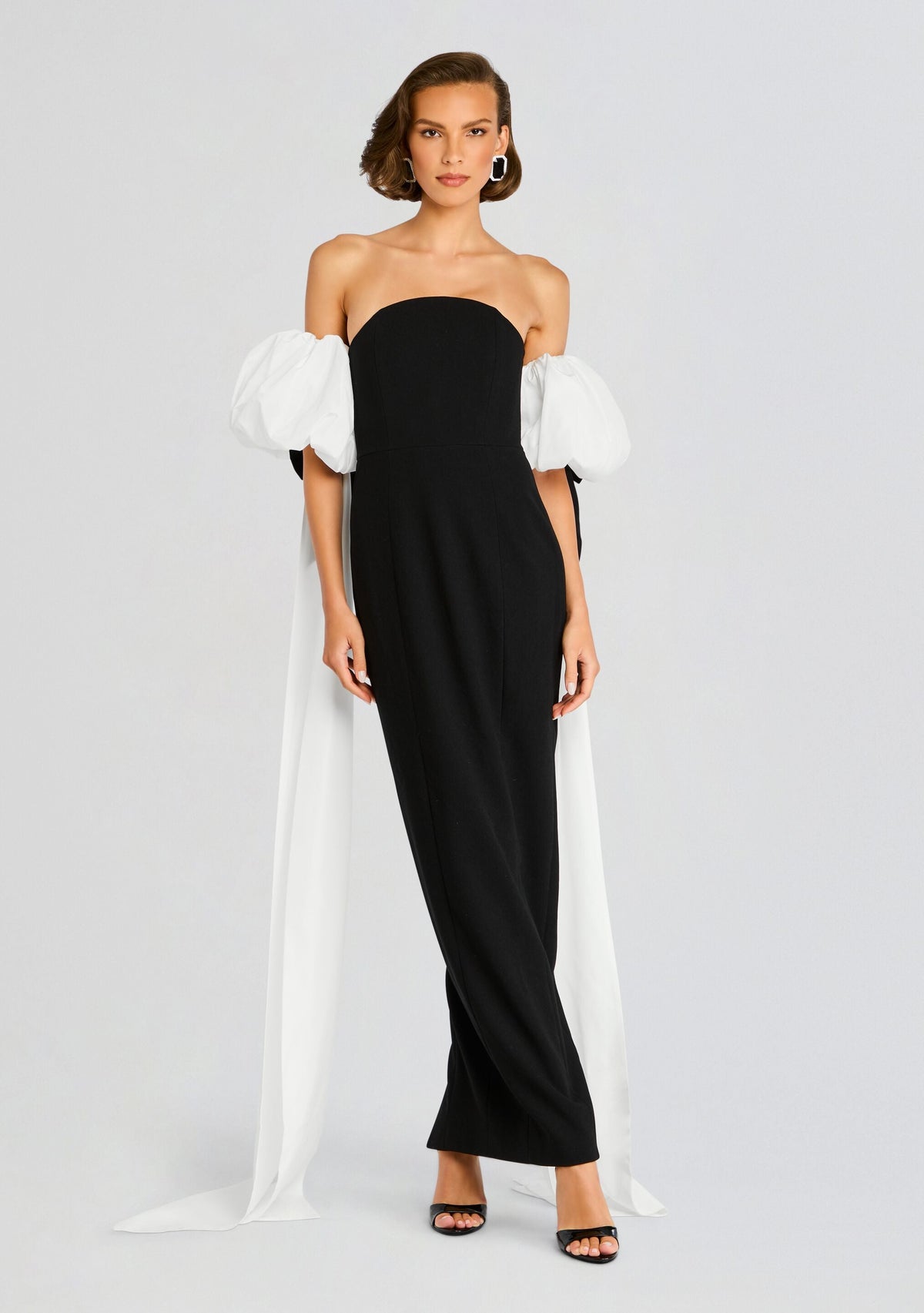Half Moon Evening Dress with White Bowed Plumes by Sans Faff in Black, product image 1