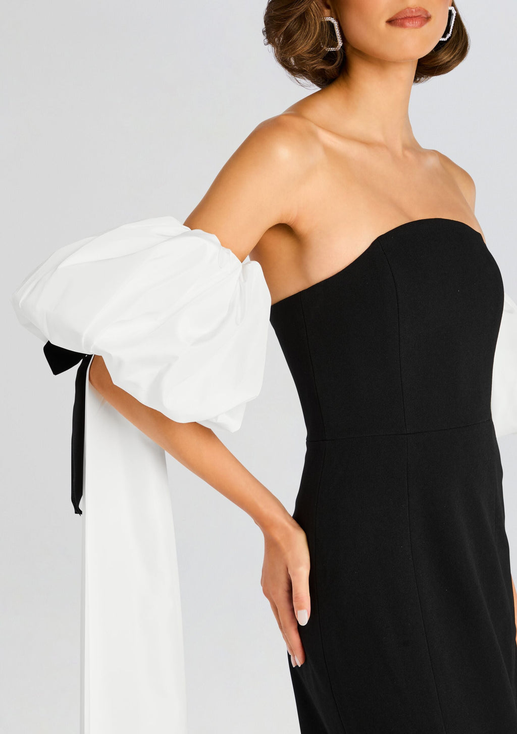 Half Moon Evening Dress with White Bowed Plumes by Sans Faff in Black, product image 2