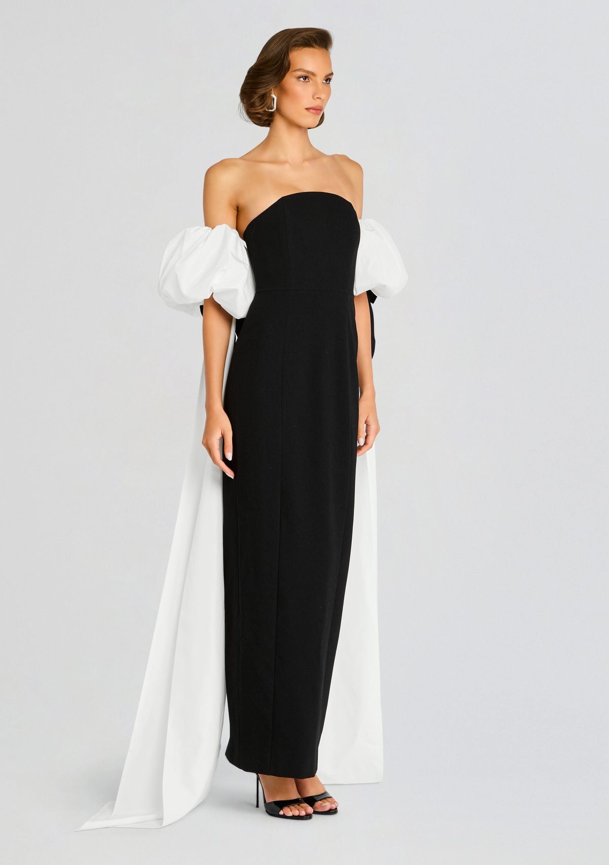 Half Moon Evening Dress with White Bowed Plumes by Sans Faff in Black, product image 3