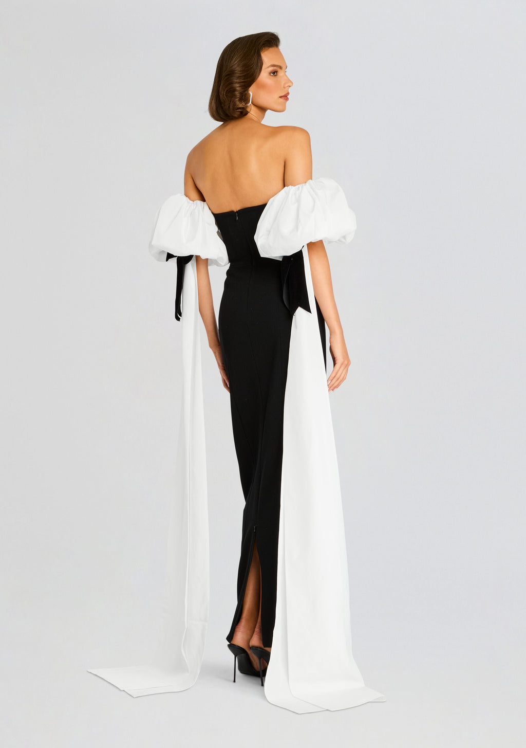 Half Moon Evening Dress with White Bowed Plumes by Sans Faff in Black, product image 4