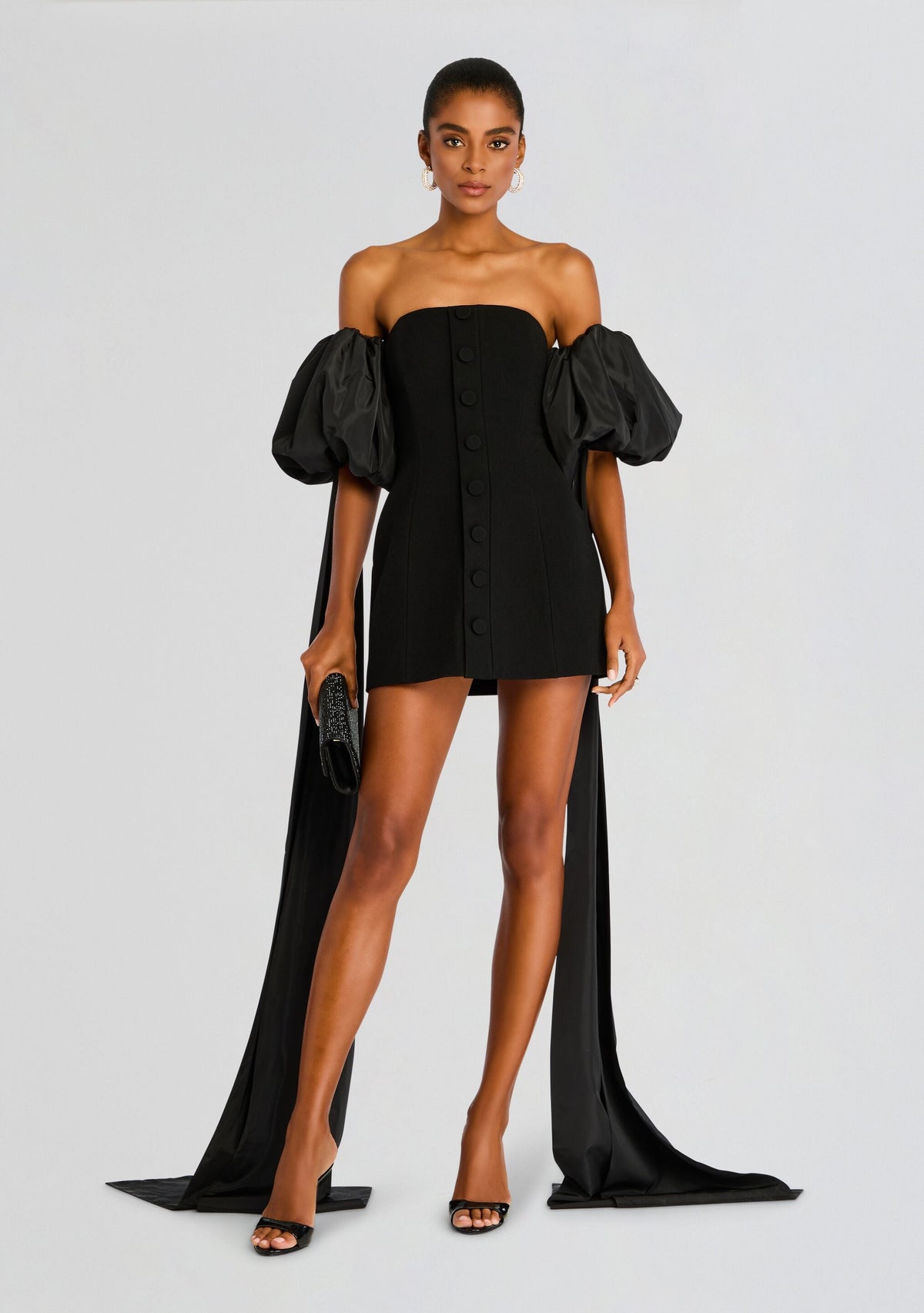 Laurent Mini Button Dress with Black Plumes by Sans Faff in Black, product image 1