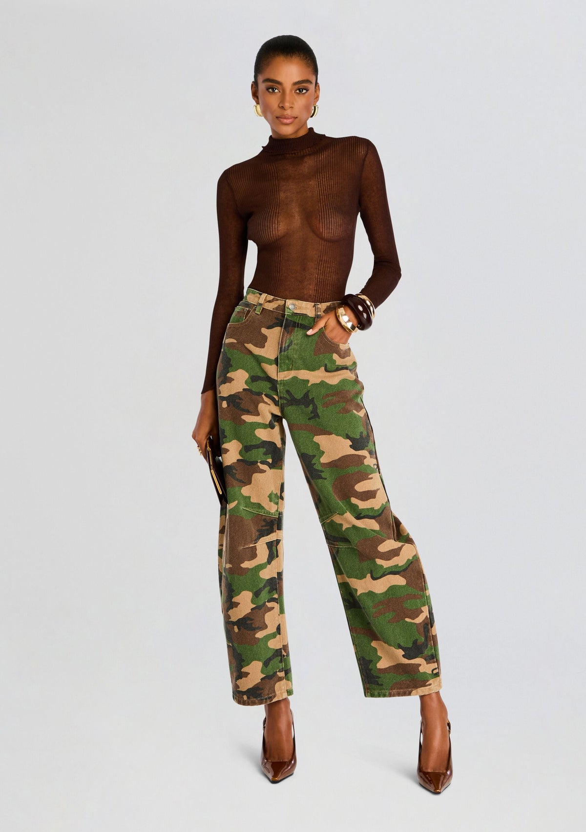Marbel Mid Rise Barrel Jean by SEROYA in Camo Canvas, product image 2