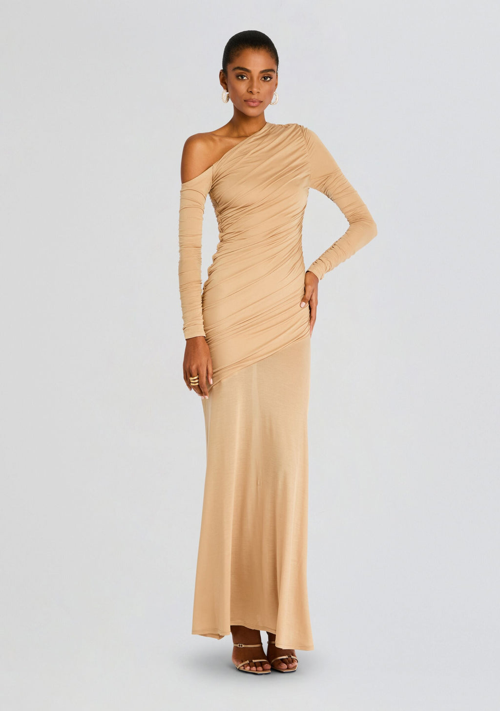 Persephone Ruched Maxi Dress by SEROYA in Tan, product image 5