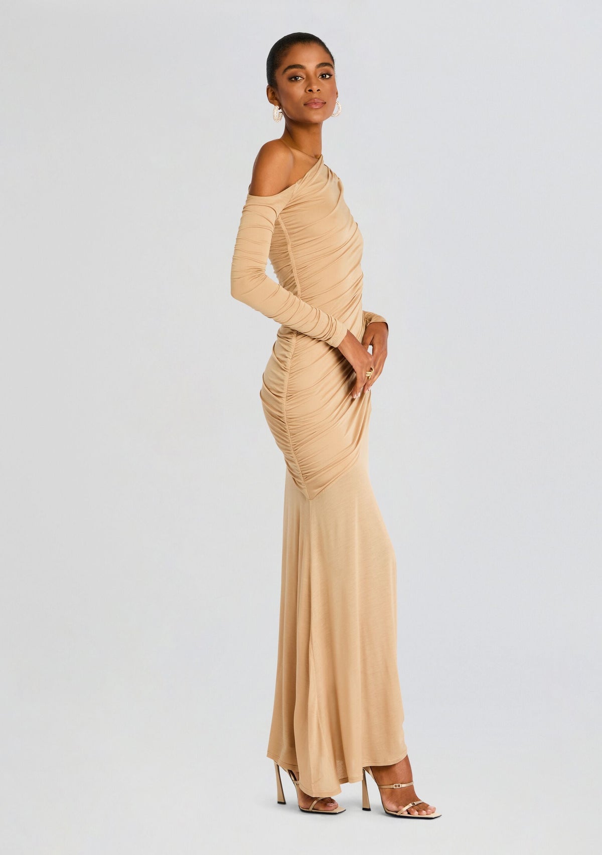Persephone Ruched Maxi Dress by SEROYA in Tan, product image 3