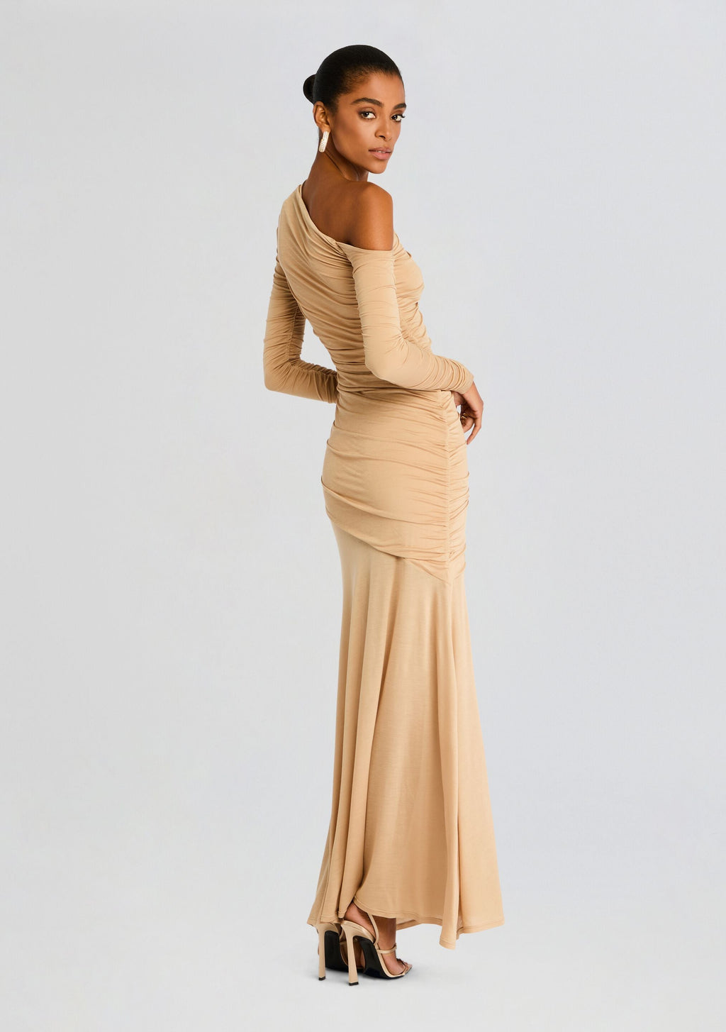 Persephone Ruched Maxi Dress by SEROYA in Tan, product image 4